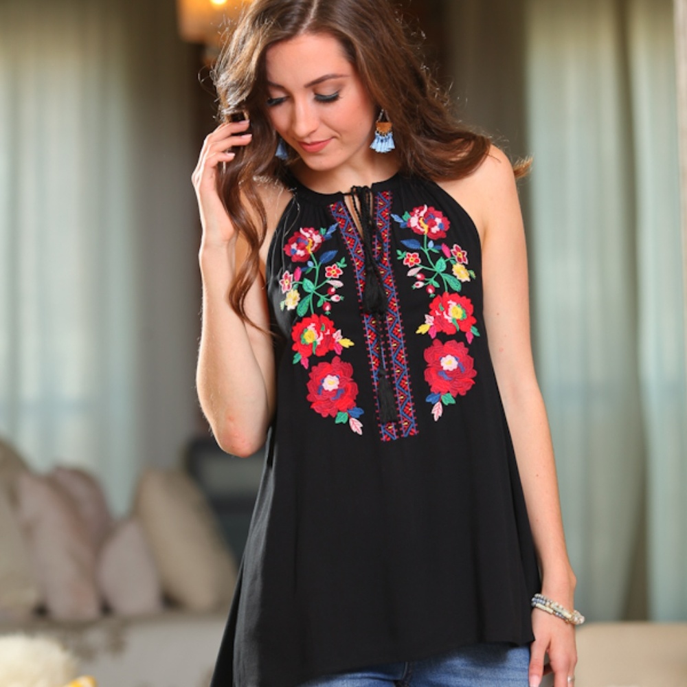 LAST ONE! Black Embroidered Halter Tunic - Picture 3 of 5